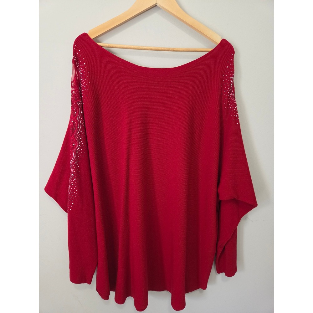 Tahari Red Lace Rhinestone Dolman Sleeve Sweater Plus Size 2X Holiday Knit
